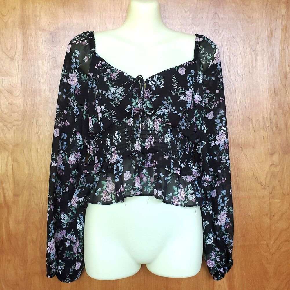 Dark Floral Milkmaid Top Jrs L Long Sleeve Crop Black Smocked Peplum Ultra Flirt